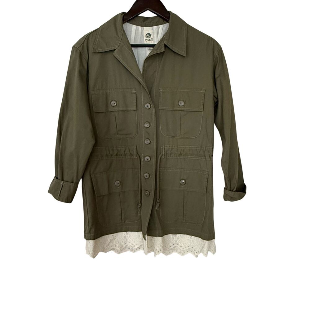Anthropologie Tiny Charlie Eyelet Military Jacket Olive Green Lace Hem XS‎ Boho